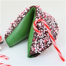 Peppermint Flavored Gigantic Fortune Cookie, green color with chocolate covering and real crushed peppermints for decoration.