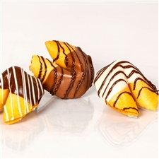 Traditional Vanilla Fortune Cookies covered in milk, white and dark chocolate.