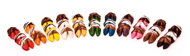 Chocolate Covered Fortune Cookies in Rainbow Flavors and Colors